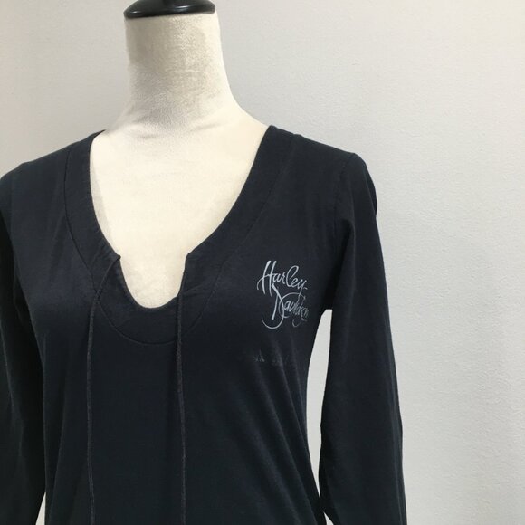 HARLEY DAVIDSON Black White Print Riverside CA Cut V Neck Tie Collar Shirt - Picture 7 of 13